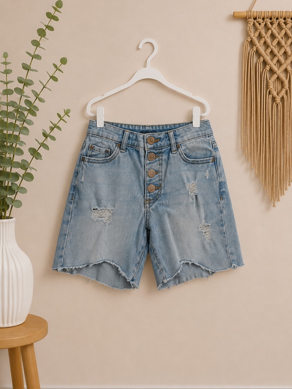 Girls' Light Blue Distressed Denim Shorts with 4-Button Front